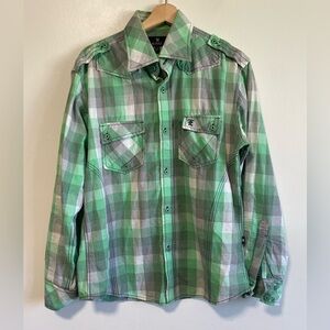 Green Plaid Button Down Western  Style Shirt